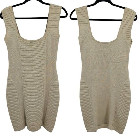 Vintage Dresses & Skirts - Vtg Y2K Arden B. Dress Knit Bodycon Gold Metallic Flecked Rib Stripe Detail Sz L
